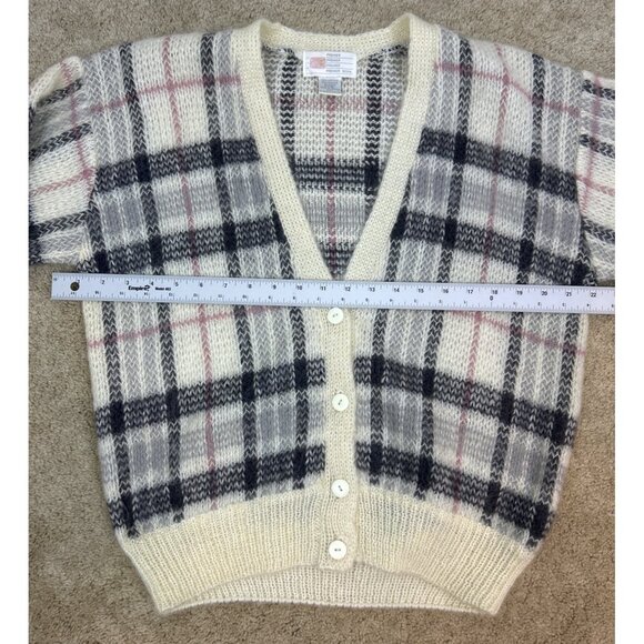 Vintage Premier Cardigan Fuzzy Mohair Plaid Preppy Academia Cream Pink Gray M - Picture 4 of 5